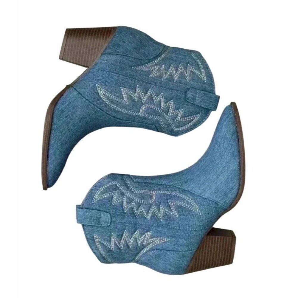 QUPID / Zane-72 / Denim / Western Ankle / Boots With Embroidered / Design & Stac - Picture 6 of 9